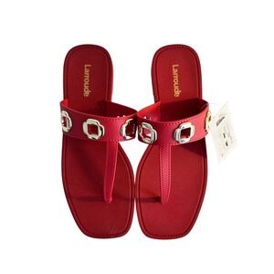 Larroude Milan Jelly Thong Sandal Size 10/11 Red New Gold Hardware